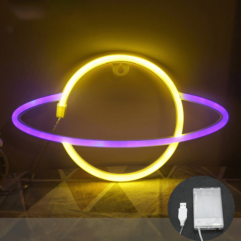 LED Planet Pattern Neon Light Dual-Use Battery USB Charging Home Room Decor Night Light for Club Bedroom Living Room Party Garden - MRSLM