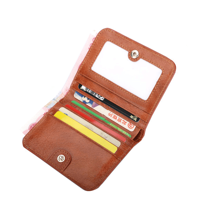 Women Genuine Oil Leather Zipper Short Wallets Girls Retro Purse Card Holder Coin Bags - MRSLM