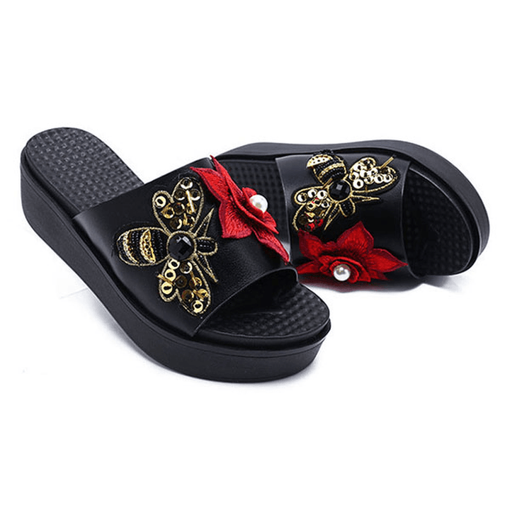 Women Summer Sandals Slip on Soft Sole Flower Embroidery Slippers - MRSLM