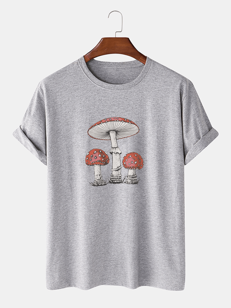 Mens 100% Cotton Cartoon Mushroom Print Short Sleeve T-Shirts - MRSLM