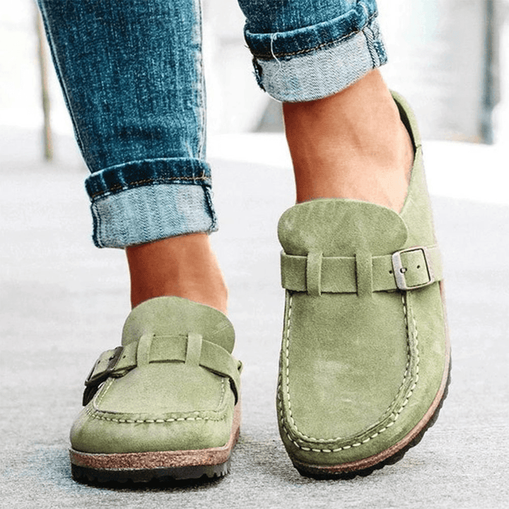 Women Casual Comfy Suede Large Size round Toe Backless Flats - MRSLM