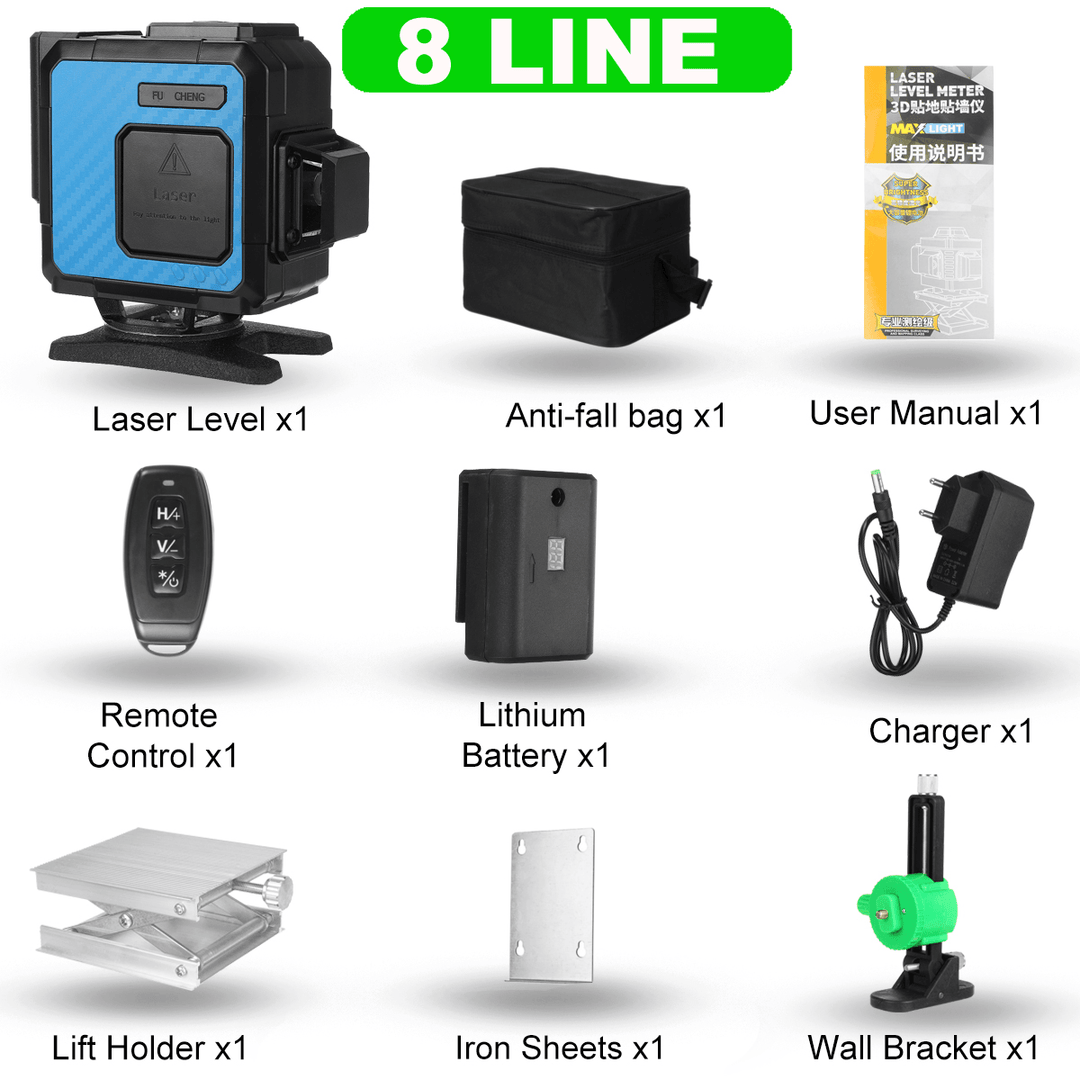 8/12/16 Lines 4D 360° Rotatable Green Light Laser Level Auto Self Leveling Rotary Cross Measure Tool - MRSLM