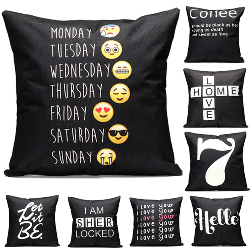 43X43Cm Black English Letter Fashion Cotton Linen Pillow Case Home Sofa Seat Bed Car Cushion Decor - MRSLM