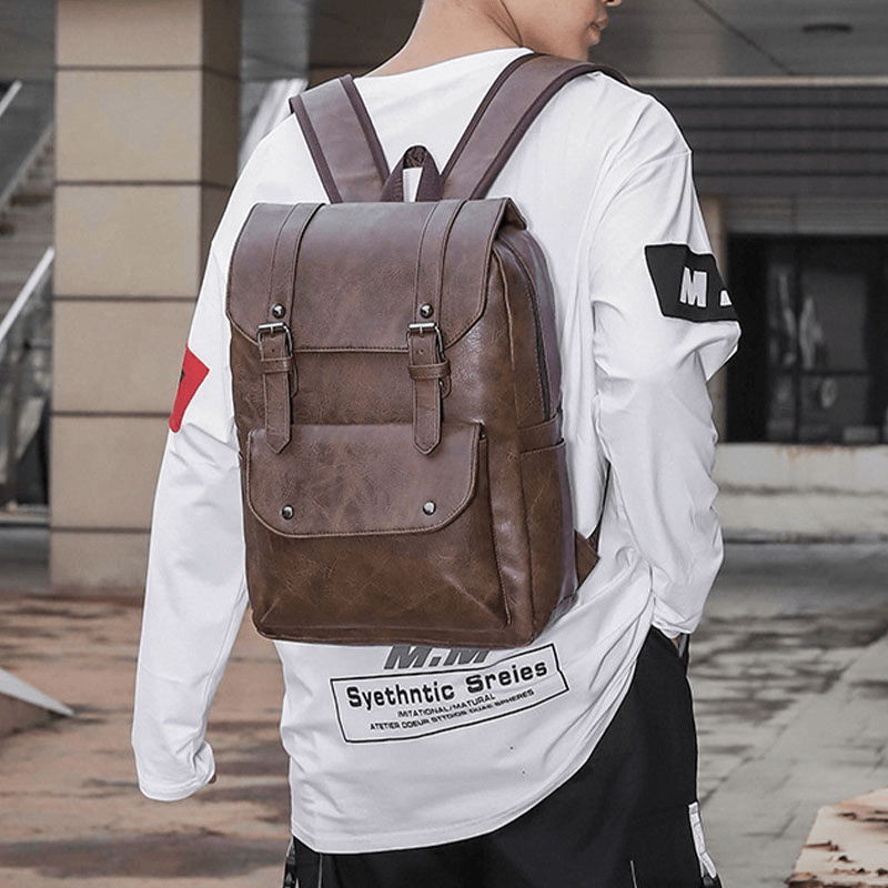 Men Casual Travel Multi-Pocket Large Capacity Backpack Solid Retro Wear-Resistant Waterproof PU Soft Leather 14 Inch Laptop Bag - MRSLM