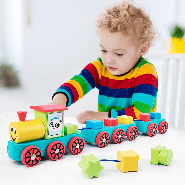 Children'S Educational Train Blocks Classic Wood Train-Wooden Toys Shape Sorters and Stackable Wooden Blocks - MRSLM