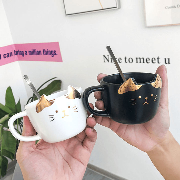 200ML Cat Gold Ceramic Coffee Cup Dish Restaurant with Dish Water Cup Office Cup Tea Cup - MRSLM