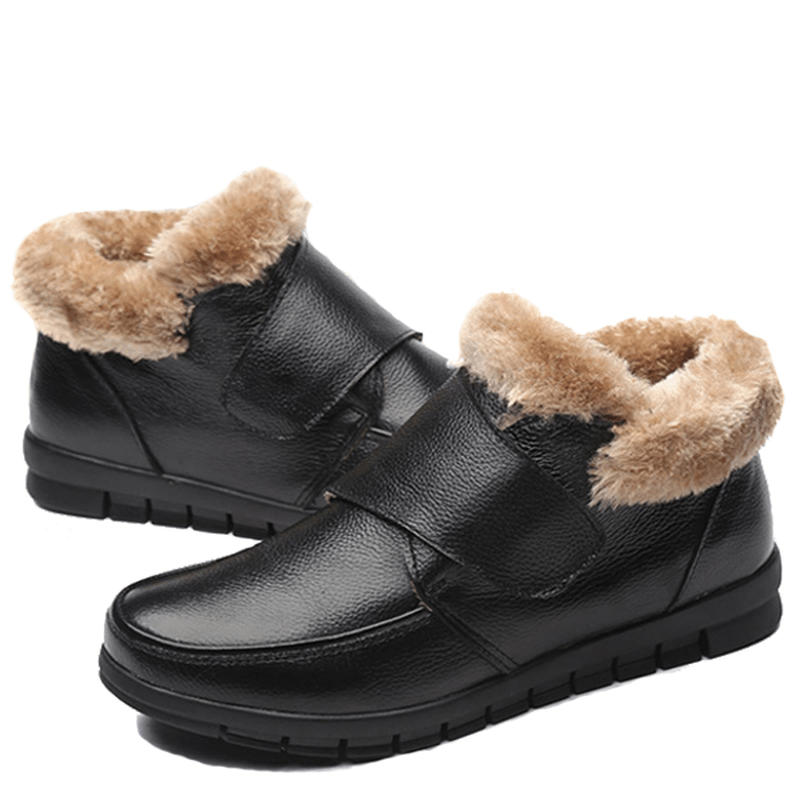 Genuine Leather Cotton Shoes Casual Slip on Fur Lining Boots - MRSLM