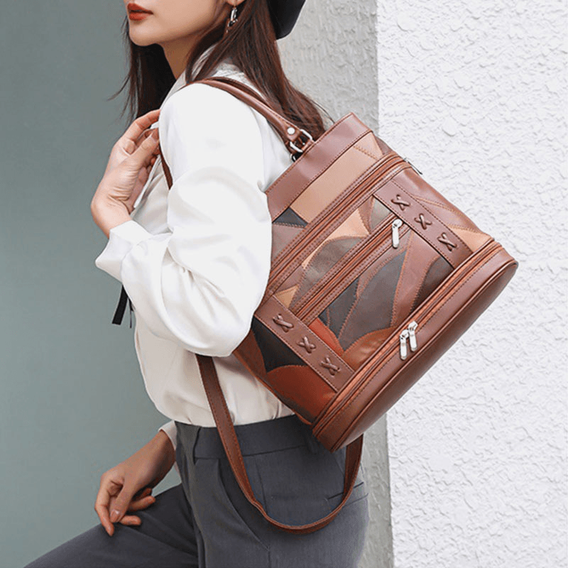 Women Genuine Leather Geometric Pattern Color Matching Vintage Large Capacity Handbags Shoulder Bag Crossbody Bags - MRSLM