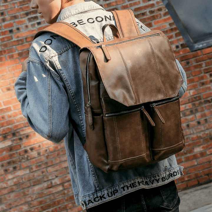 Men PU Leather Retro Business Casual Style Large Capacity 14 Inch Laptop Bag Student School Bag Travel Backpack - MRSLM