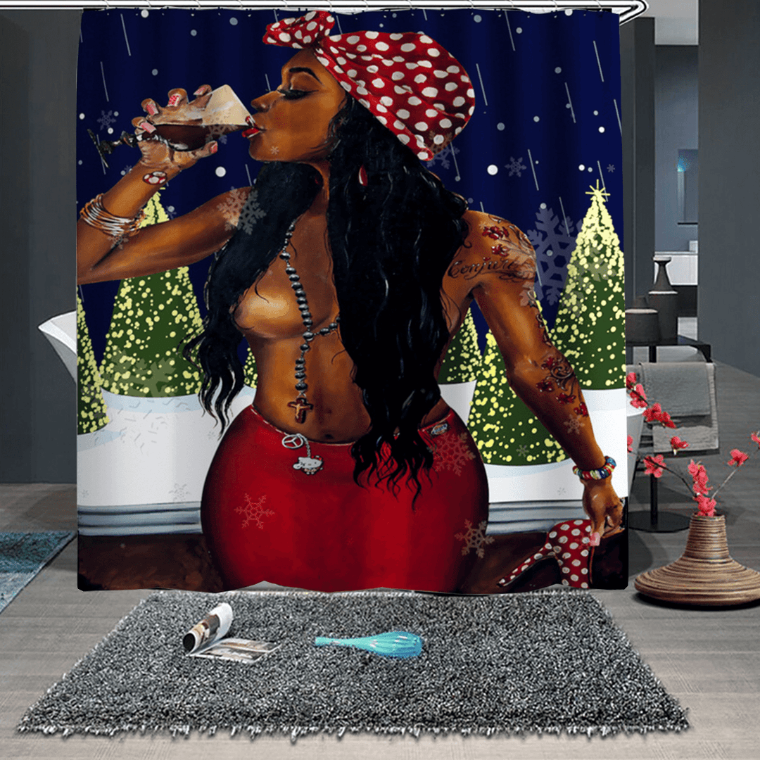 Christmas African Girl Printing Bathroom Shower Curtain Set Toilet Cover Mat Bathroom Non-Slip Mat Rug Kit - MRSLM