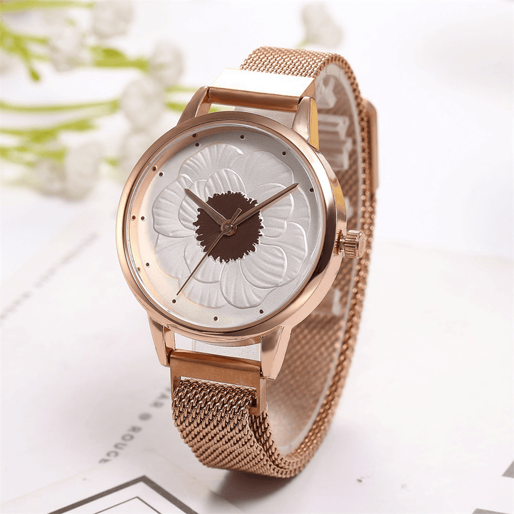 KH019 Fashion Elegant 3D Flower Pattern Magnetic Buckle Milanese Mesh Steel Strap Ladies Wristwatches Quartz Watch - MRSLM