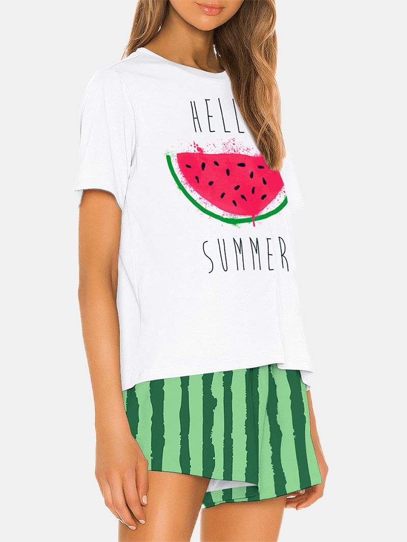 Women Watermelon Print Loose Short Sleeve Breathable Casual Pajama Set - MRSLM