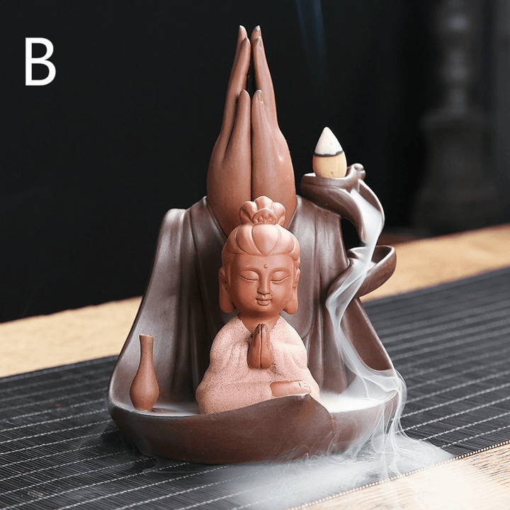 Little Monk Lotus Backflow Ceramic Cone Buddhist Incense Burner Holder Decorations - MRSLM