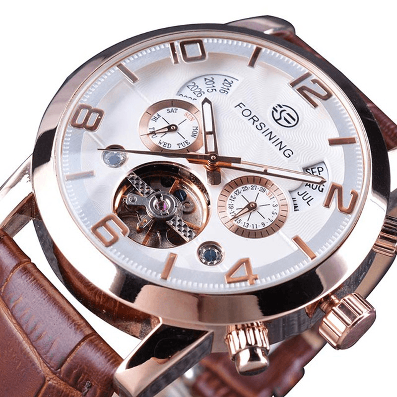 Forsining GMT373 Fashion Men Automatic Watch Week Year Genuine Leather Strap Display Mechanical Watch - MRSLM