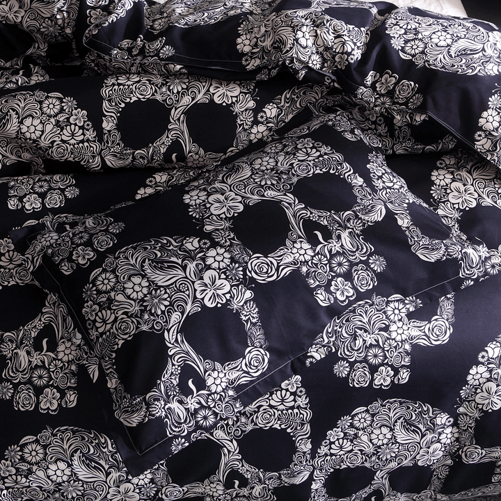 Black White Skull Printed Quilt Cover Pillowcase Halloween Style Bedding Sets - MRSLM