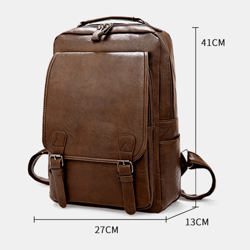 Men PU Leather Vintage Business Waterproof Wear-Resistant Large Capacity 15.6 Inch Laptop Bag Backpack - MRSLM