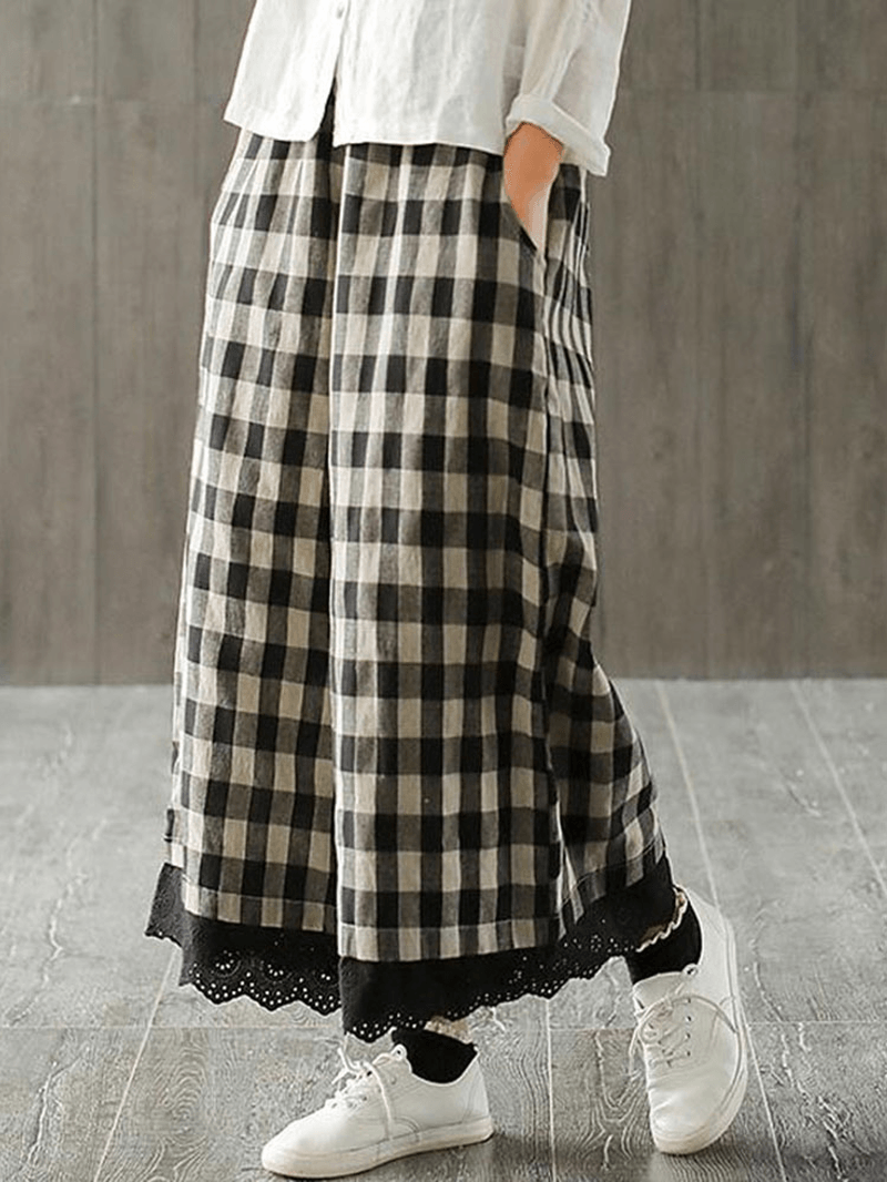 Wide Leg Women Plaid Elastic Waist Pockets Pants - MRSLM