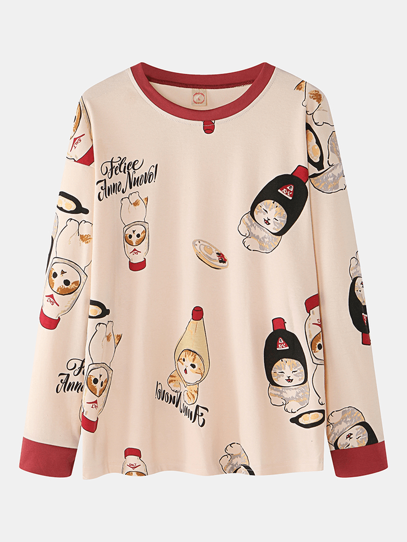 Women Cute Cartoon Cats Print O-Neck Cotton Long Sleeve Loose Home Pajamas Sets - MRSLM