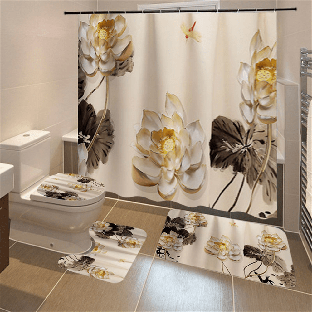 Printing Plum Blossom Shower Curtain Set Waterproof Odorless Anti-Slip Bath Mat Set - MRSLM