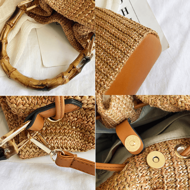 Women Solid Color String Casual Straw Bag Handbag Shoulder Bag Crossbody Bags Bucket Bag - MRSLM