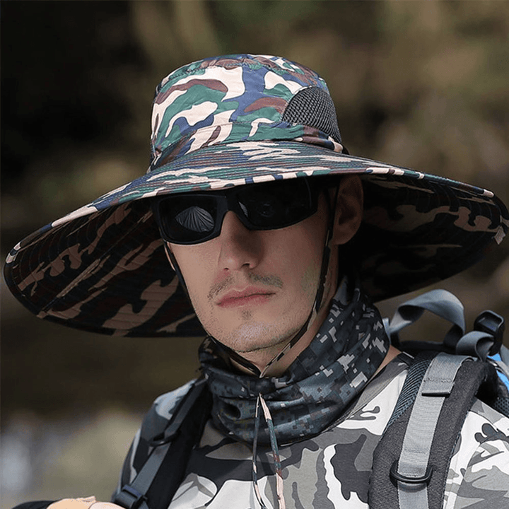 Mens UPF 50+ Bucket Hat Waterproof Mesh Breathable Sunshade Camouflage Cap Oversized Brim with String for Outdoor Fishing Hat Climbing - MRSLM