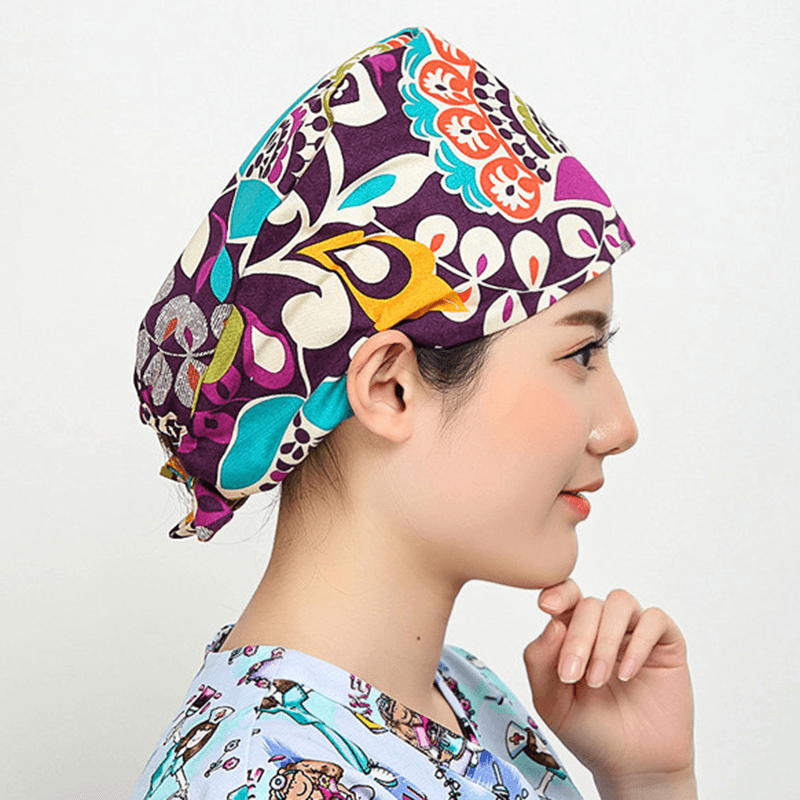 Women Flower Print Cotton Surgical Cap Doctor Nurse Work Hat - MRSLM