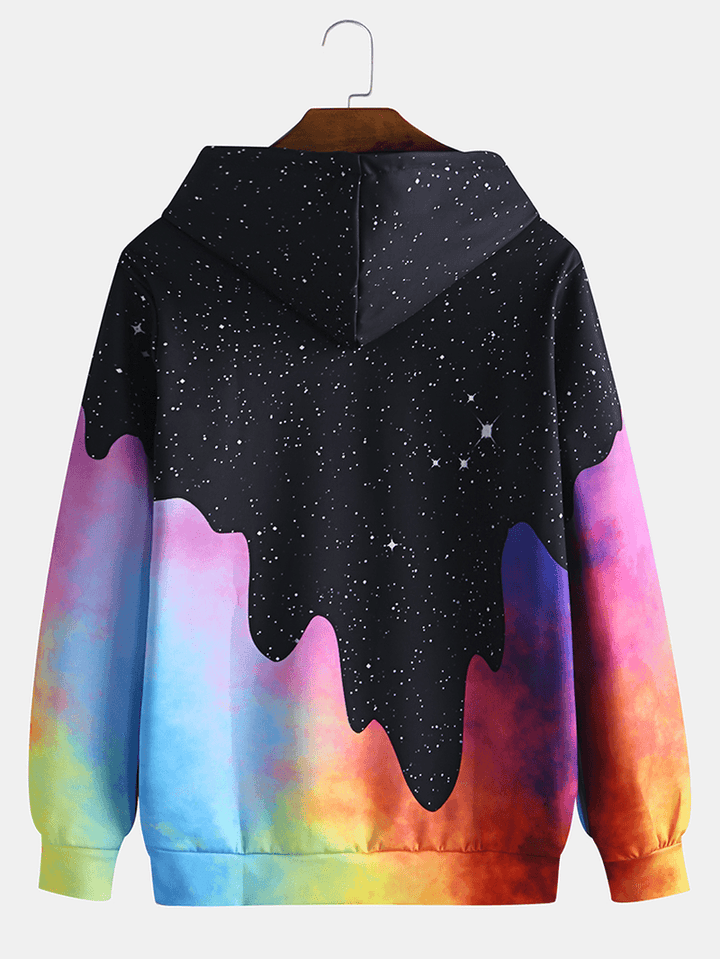 Mens Starry Sky Pattern Tie Dye Kangaroo Pocket Long Sleeve Casual Hoodies - MRSLM