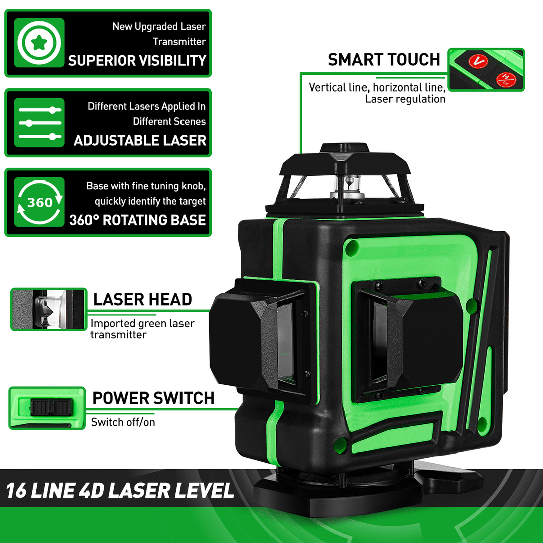 16/12 Line 360° Horizontal Vertical Cross 4D Green Light Laser Level Self-Leveling Measure Super Powerful Laser Beam - MRSLM