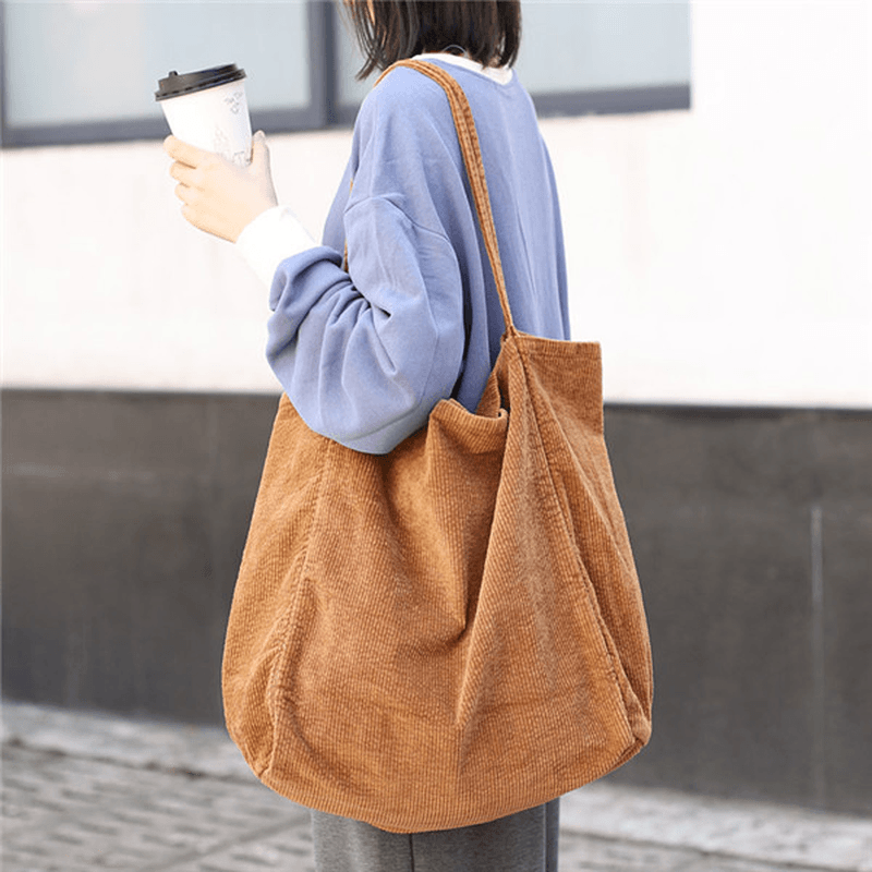 Women Corduroy Vintage Large-Capacity Shopping Bag Shoulder Bag Handbag - MRSLM