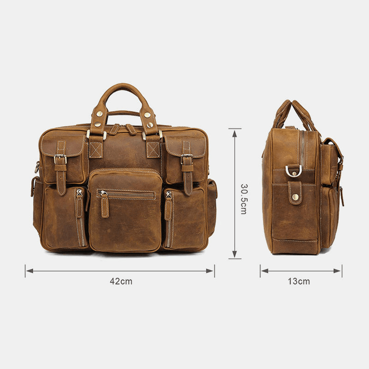 Men Genuine Leather Detachable Strap Large Multi-Pocket 15.6 Inch Laptop Bag Briefcase Messenger Bag Crossbody Bags - MRSLM