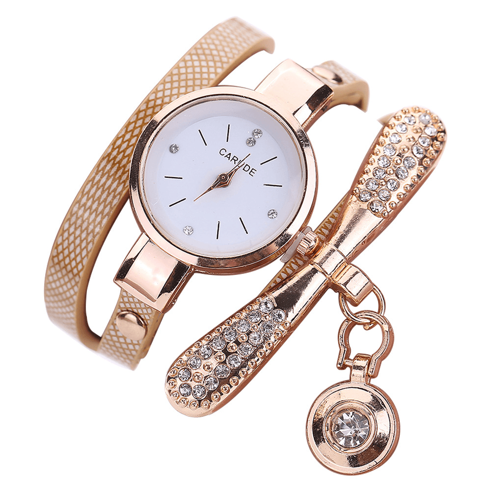 Retro Pu Strap Multi-Layer Lady Watch Metal Geometric Rhinestone Bow Pendant Women Quartz Watch - MRSLM