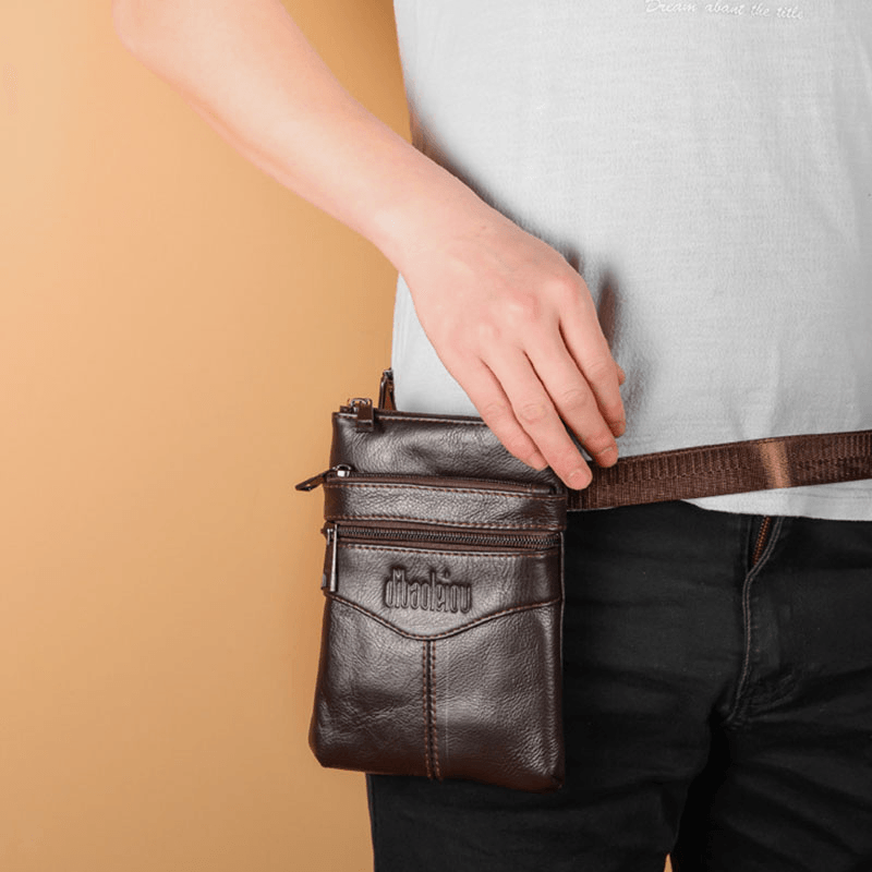 Men Genuine Leather Retro Business Casual 6.3 Inch Phone Bag Multi-Carry Crossbody Bag Waist Bag - MRSLM