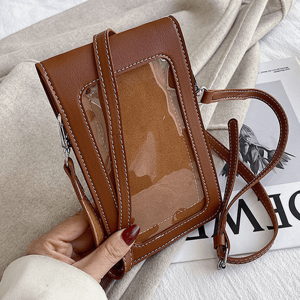 Women PU Soft Leather Waterproof Transparent Touch-Screen Phone Bag Crossbody Bag Shoulder Bag - MRSLM