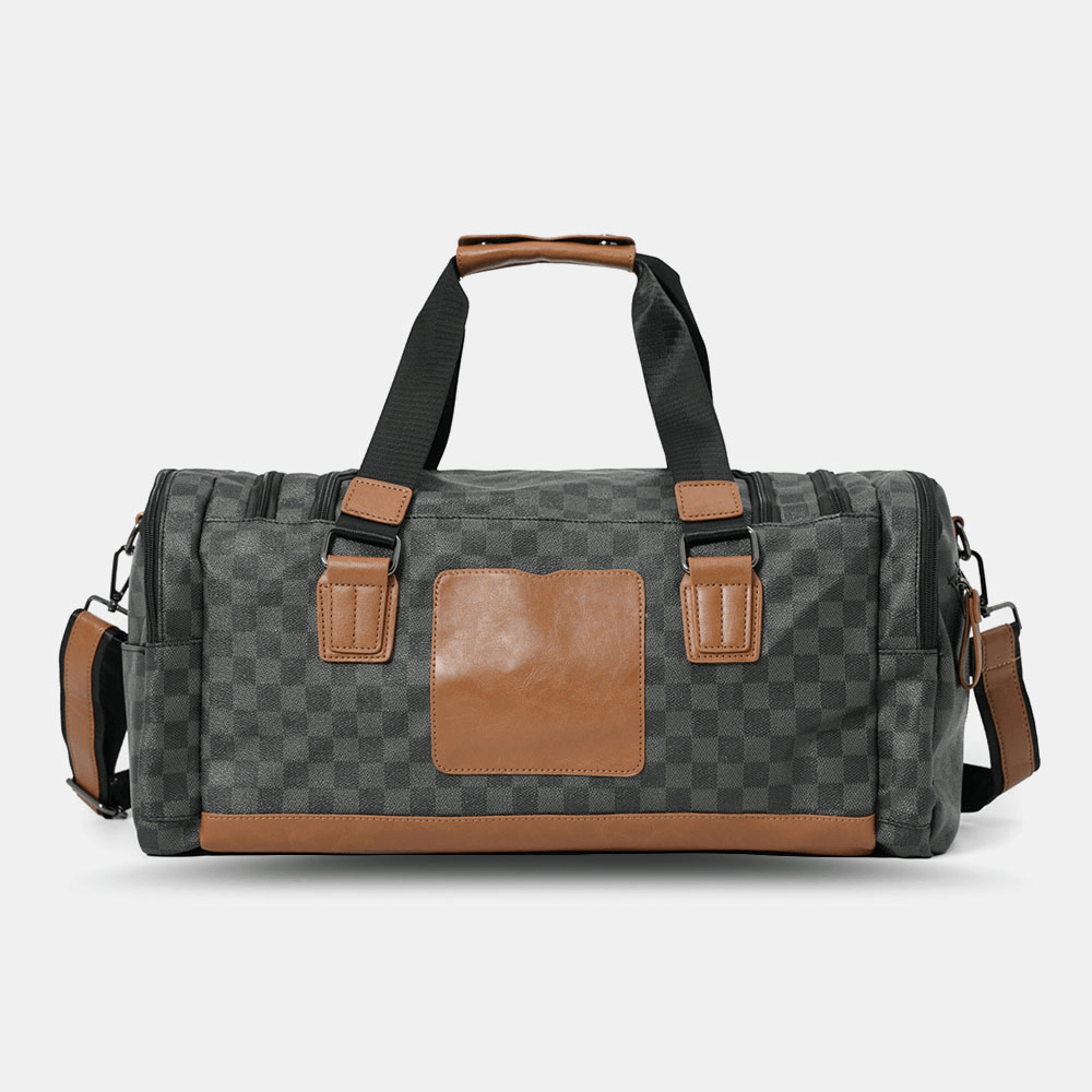 Men PU Leather Plaid Pattern Multifunction Handbag Fashion Multi-Pocket Travel Bag Fitness Bag Crossbody Bag Shoulder Bag - MRSLM