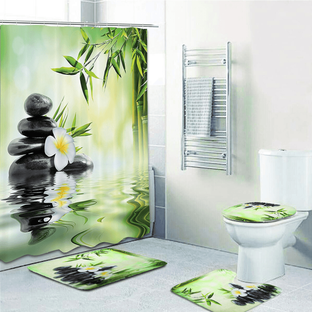 Bamboo Printing Waterproof Bathroom Shower Curtain Toilet Cover Mat Non-Slip Carpet - MRSLM