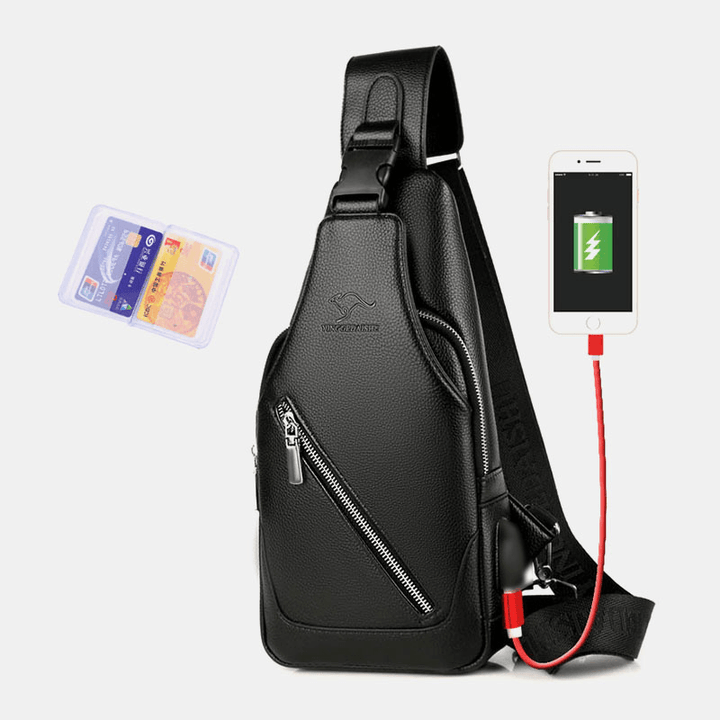 Men PU Leather USB Charging Waterproof Earphone Hole Business Crossbody Bag Chest Bag Sling Bag - MRSLM