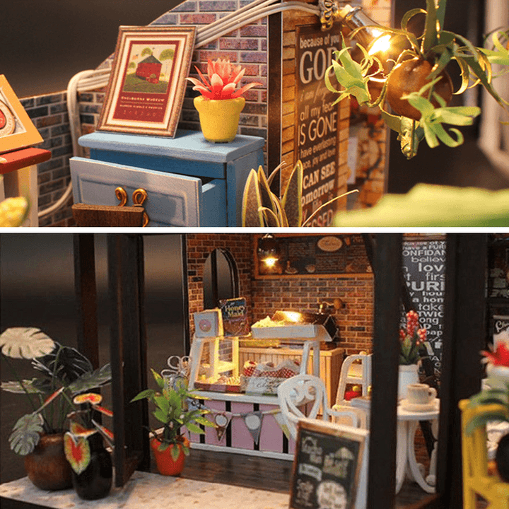 Handcraft DIY Doll House Time Cafe House Wooden Miniature Furniture LED Light Gift - MRSLM