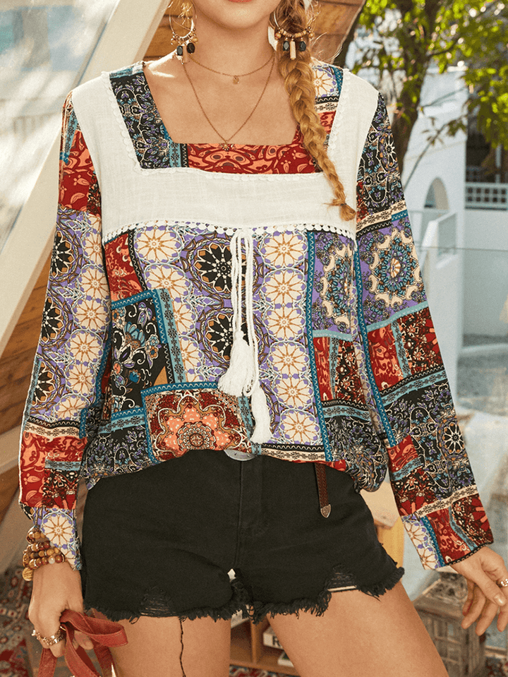 Women Ethnic Pattern Mixed Print Patchwork Tassel Trim Square Neck Blouse - MRSLM