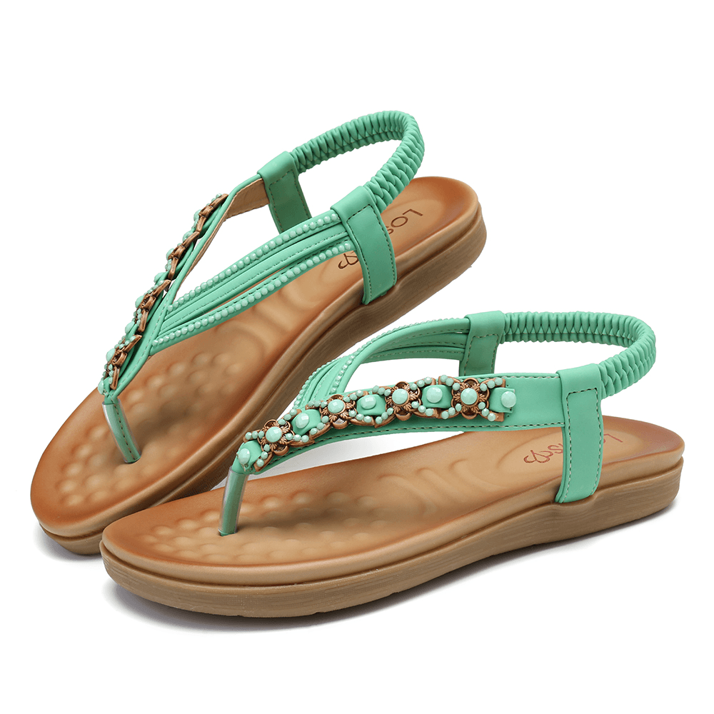 LOSTISY Women Beading Rhinestone Elastic Band Slip on Flip Flops Casual Sandals - MRSLM