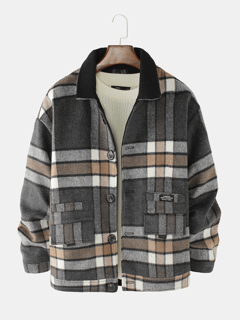 Mens Design Plaid Thicken Long Sleeve Warm Duffle Jacket with Pocket - MRSLM