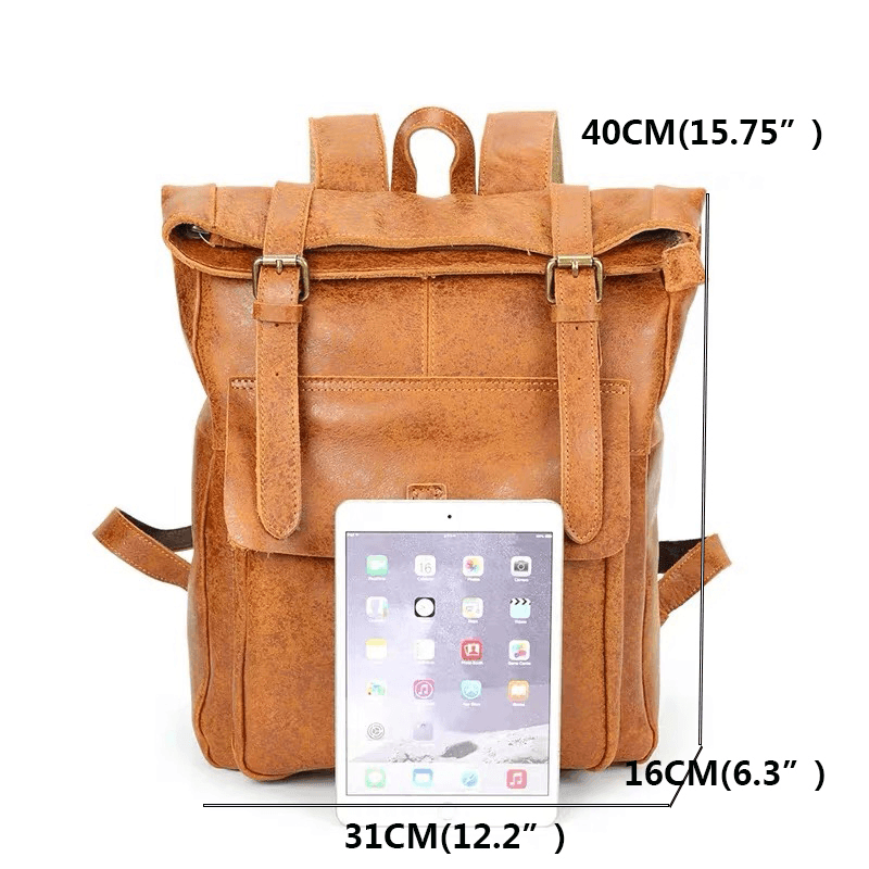 Ekphero Men Women PU Leather Vintage Large Captial Backpack Laptop Bags School Bag Shoulder Bags - MRSLM