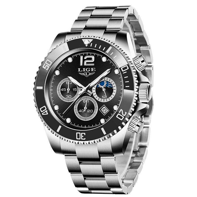 LIGE 8924 Business Casual Multifunctional Luminous Pointer with Small Dials Chronograph Stainless Steel Strap 3ATM Waterproof Men Quartz Watch Wristwatch - MRSLM