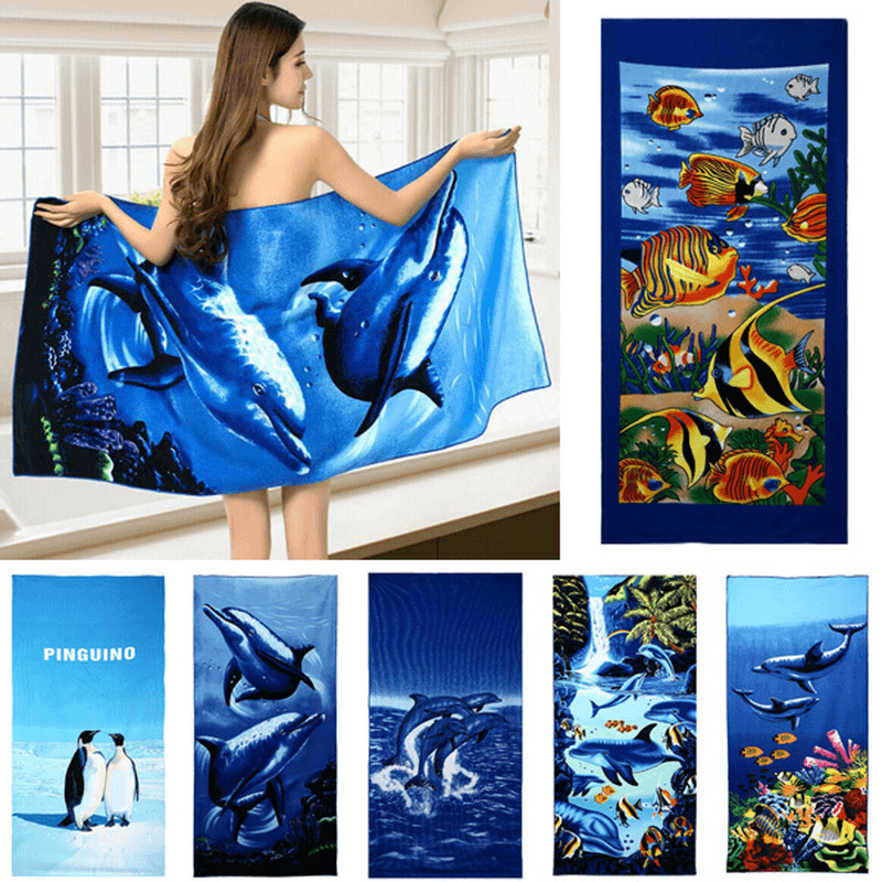 70X150Cm Blue Dolphin Penguin Print Absorbent Microfiber Beach Towels Quick Dry Bath Towel - MRSLM