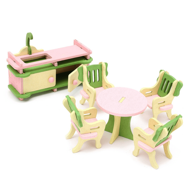 Wooden Furniture Set Doll House Miniature Room Accessories Kids Pretend Play Toy Gift Decor - MRSLM