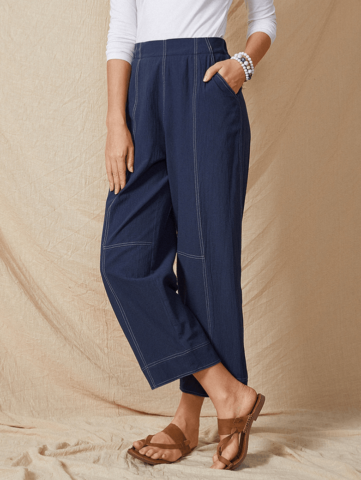 Solid Color Elastic Waist Casual Cotton Straight Leg Loose Women Pants - MRSLM