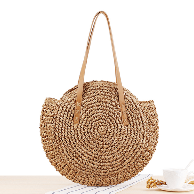 Women Leisure round Straw Bag Woven Beach Bag Shoulder Bag - MRSLM