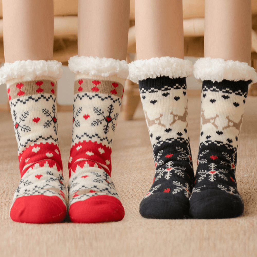 Women Warm Winter Outdoor Christmas Style Snowflake Pattern plus Velvet Thicken Home Sleep Socks Tube Socks - MRSLM