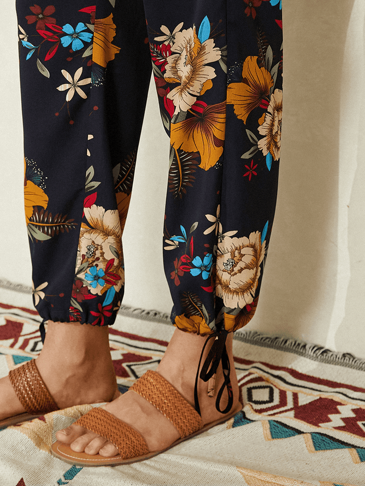 Women Floral Print Bohemian Tie Cuff Pants with Pocket - MRSLM