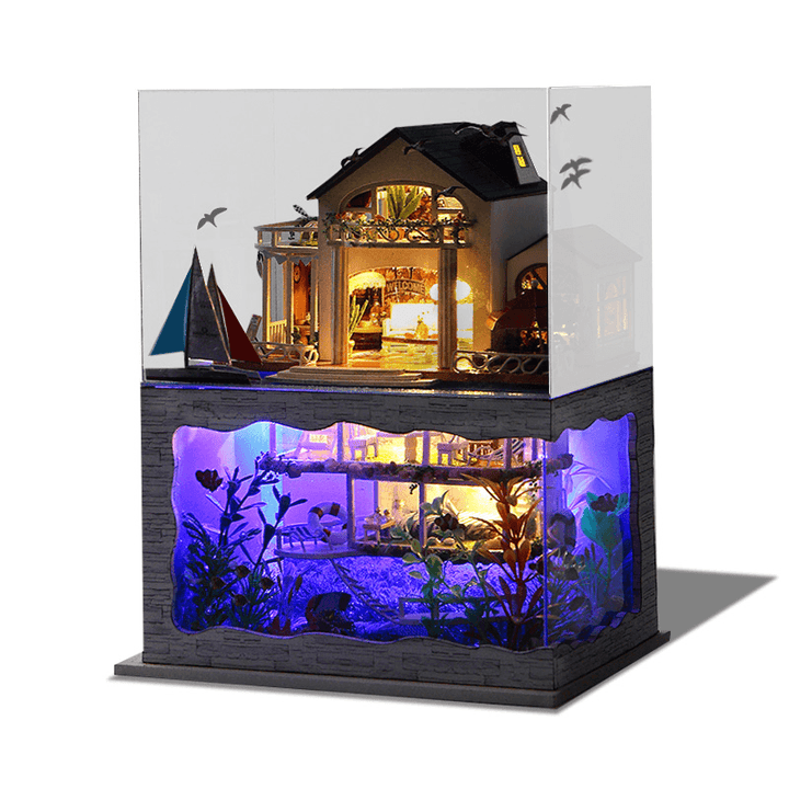 T-Yu Hawaii Villa DIY Dollhouse Miniature Model Doll House with Light Cover Extra Gift Decor Collection Toy - MRSLM