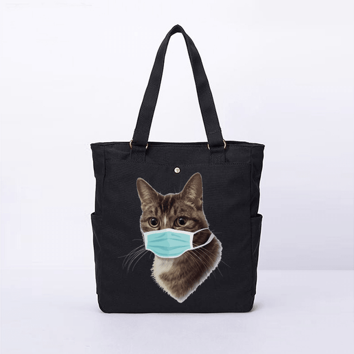 Women Cat Pattern Mask Casual Canvas Shoulder Bag - MRSLM